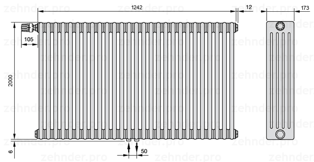 Схема (чертеж) Радиатор Zehnder Charleston 5200/27 №V007 Белый глянцевый RAL 9016